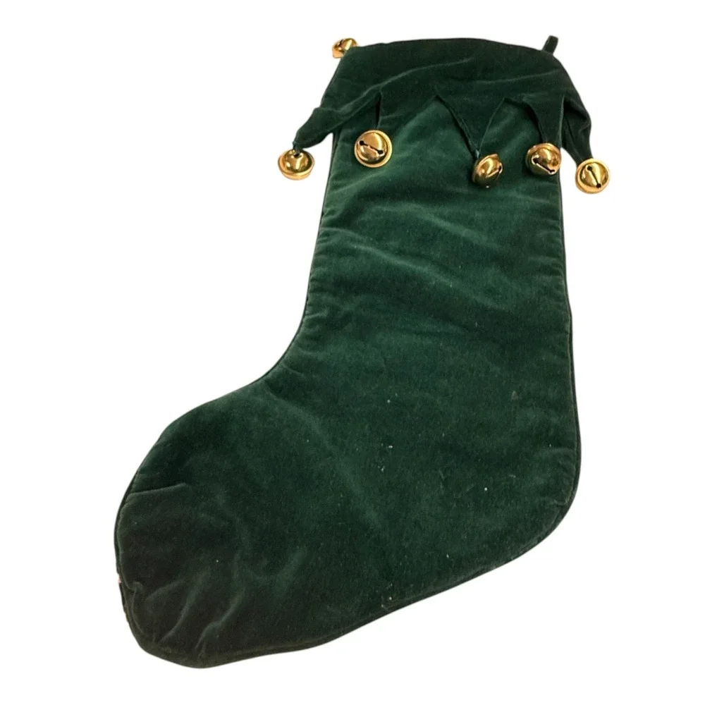 Vintage Patchwork Christmas Stocking‎ Reindeer Snowflake Bells Green Velvet Top